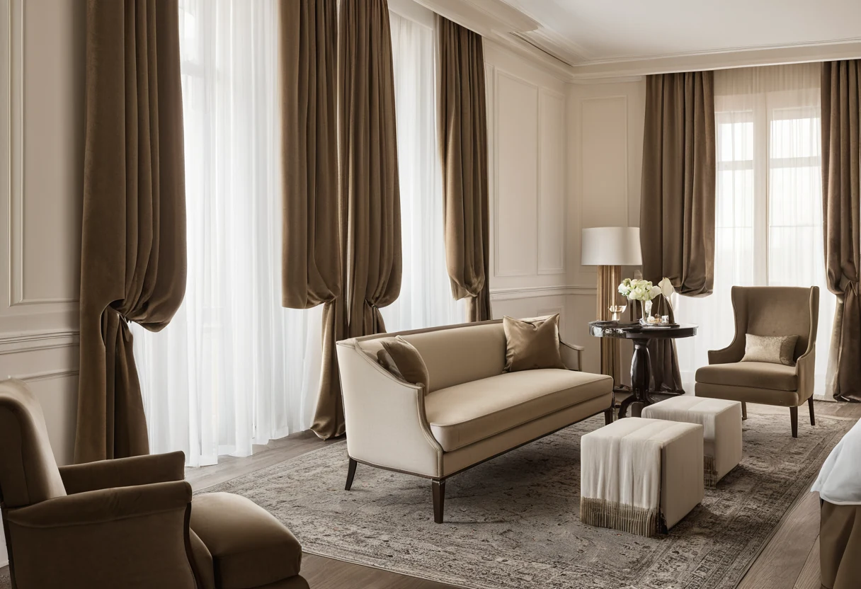 Luxury hotel suite with full-height ivory drapery and upholstered seating, all contract fire-rated without visual compromise
