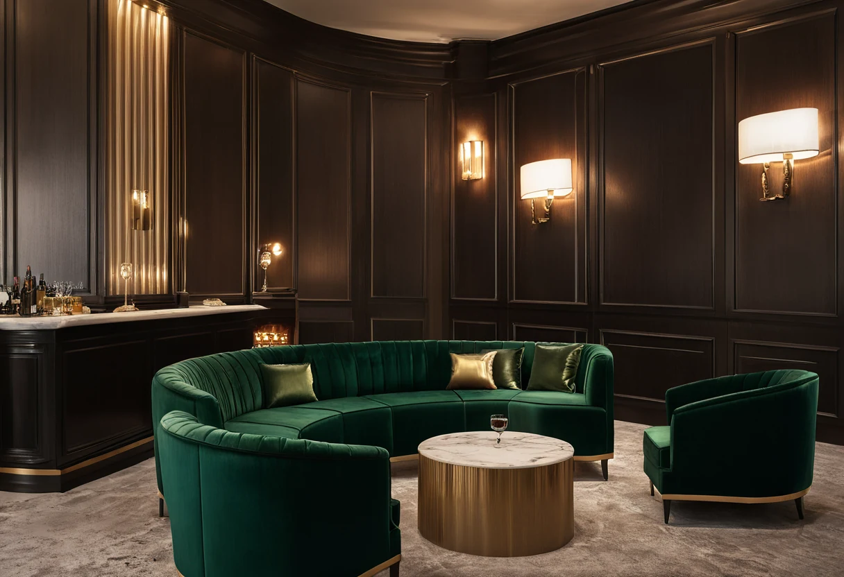 Hotel bar lounge with emerald FR velvet seating and dim warm light, contract certified without aesthetic penalty