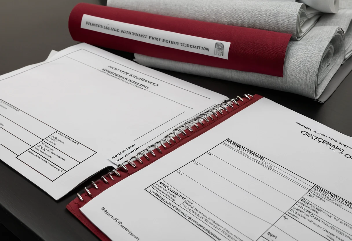 Indexed fire certification dossier with fabric swatches and batch documents arranged for handover inspection