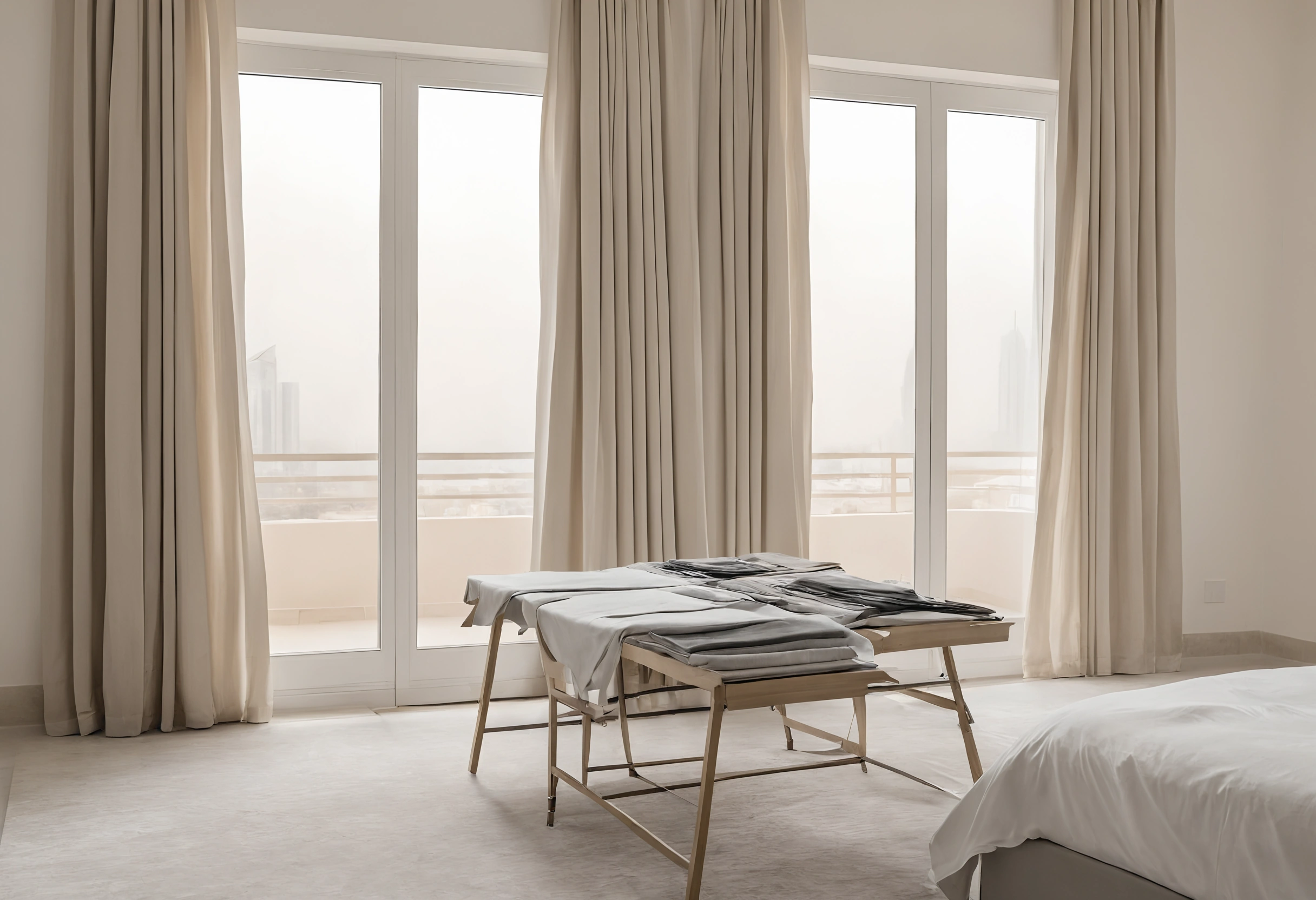 Fabric and carpet swatches laid on a trestle table in a bright villa bedroom with curtains and a balcony