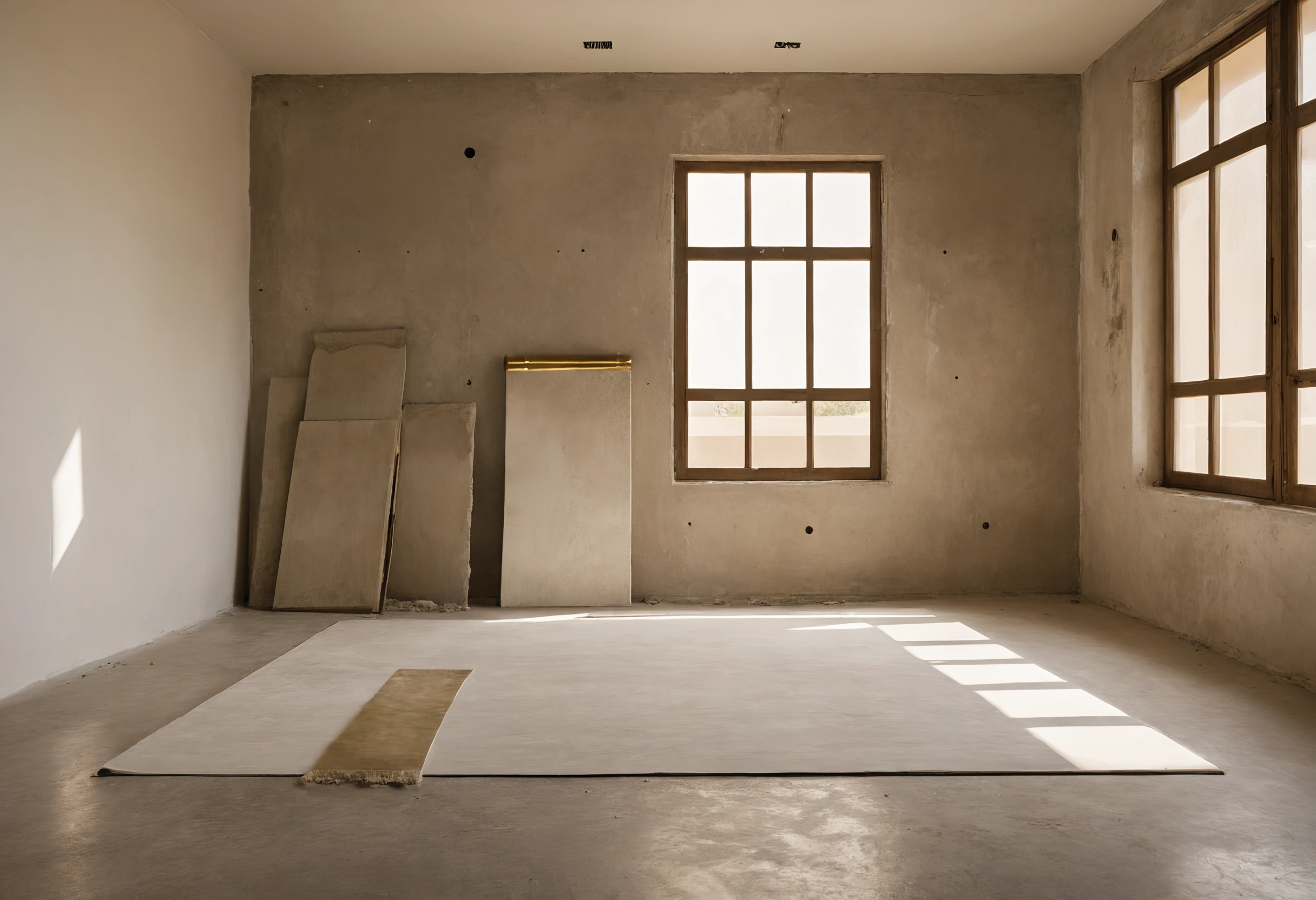 Stone slabs and panel samples leaning against a bare plastered wall in a villa room under renovation